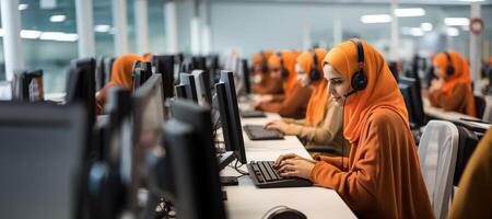 ai genererad muslim kvinna i hijab arbetssätt i en ring upp Centrum generativ ai foto