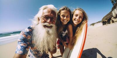 ai genererad äldre surfare på de strand generativ ai foto