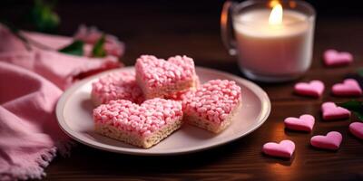 ai genererad ris krispies i de form av en rosa hjärta generativ ai foto