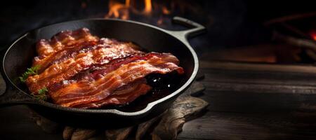 ai genererad friterad bacon i en fräsning panorera generativ ai foto