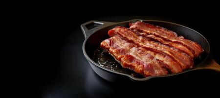 ai genererad friterad bacon i en fräsning panorera generativ ai foto