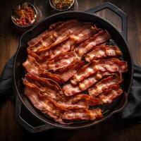 ai genererad friterad bacon i en fräsning panorera generativ ai foto