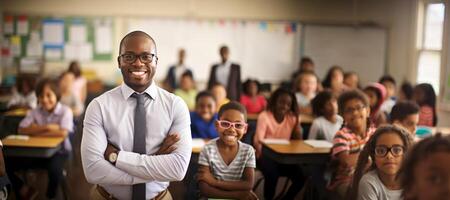 ai genererad manlig afrikansk amerikan lärare i främre av en klassrum med barn generativ ai foto