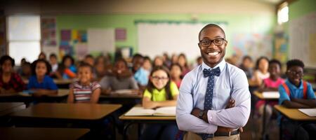 ai genererad manlig afrikansk amerikan lärare i främre av en klassrum med barn generativ ai foto