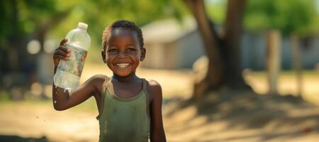 ai genererad Lycklig afrikansk barn innehav en flaska av rena vatten generativ ai foto