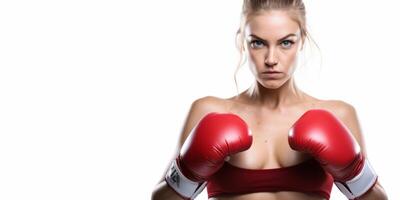 ai genererad kvinna i boxning handskar på vit bakgrund generativ ai foto