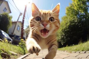 ai genererad ansikte av en katt löpning ner de gata närbild generativ ai foto