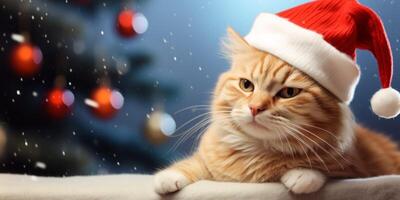 ai genererad katt med santa claus hatt på ny år bakgrund generativ ai foto