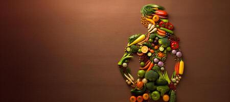 ai genererad silhuett av en kvinna kropp tillverkad av grönsaker och frukt generativ ai foto