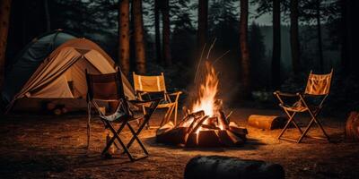 ai genererad läger i de skog, en tält, en byggd brand och en stol runt om den generativ ai foto