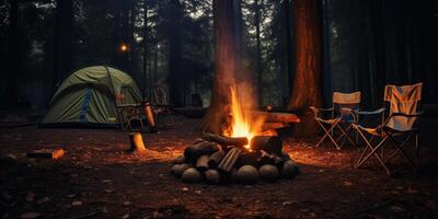 ai genererad läger i de skog, en tält, en byggd brand och en stol runt om den generativ ai foto