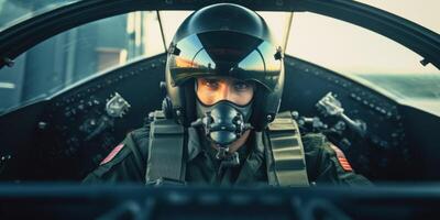 ai genererad militär flygplan pilot närbild med hjälm generativ ai foto