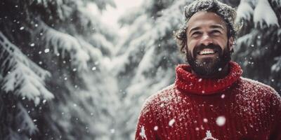 ai genererad man i en jul stickat Tröja på de snöig utanför generativ ai foto