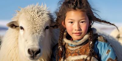 ai genererad mongoliska flicka med ett djur- tiv generativ ai foto