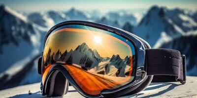 ai genererad skidåkare solglasögon med bergen reflexion på de linser generativ ai foto