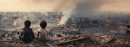 ai genererad bak- se av barn mot de bakgrund av förstörd byggnader, generativ ai foto