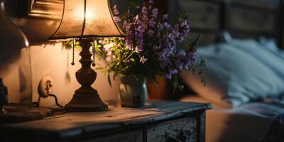 ai genererad lampa och vas med blommor på de bedside tabell Nästa till de säng generativ ai foto