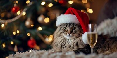 ai genererad katt i en santa claus hatt och en glas av champagne jul generativ ai foto