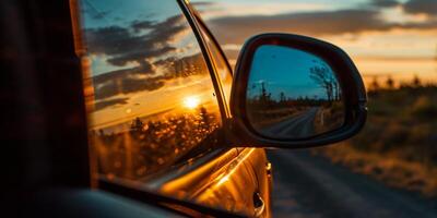 ai genererad reflexion av de väg och solnedgång i de sida spegel generativ ai foto