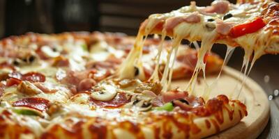 ai genererad pizza med kött och ost och grönsaker generativ ai foto