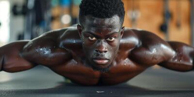 ai genererad man håller på med armhävningar i de Gym generativ ai foto