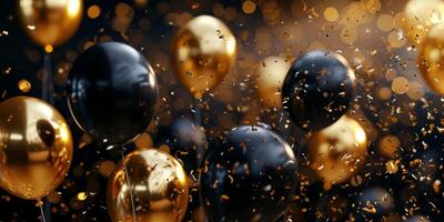ai genererad guld och svart ballonger med Semester konfetti generativ ai foto