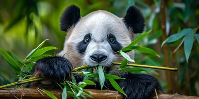 ai genererad panda tuggar bambu i de vild närbild generativ ai foto