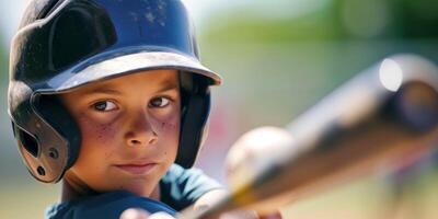 ai genererad en barn med en fladdermus i hans händer spelar baseboll generativ ai foto