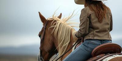 cowgirl i en hatt och på en häst foto