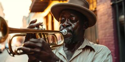 trumpetare spelar de trumpet på de gata foto