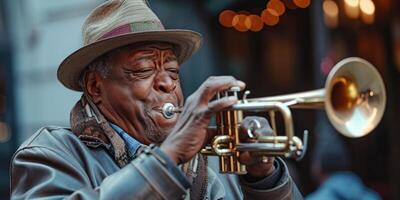 trumpetare spelar de trumpet på de gata foto