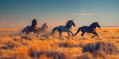 hästar galopperande tvärs över de stäpp vilda djur och växter foto