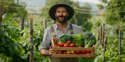 jordbrukare innehav blandad grönsaker i hans händer foto