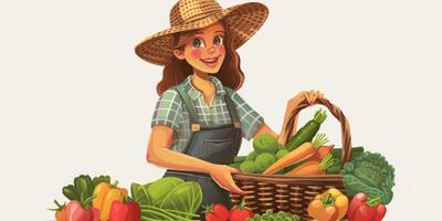 jordbrukare kvinna med korg av grönsaker illustration foto