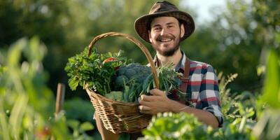 jordbrukare innehav blandad grönsaker i hans händer foto