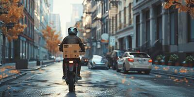 kurir levererar skiften runt om de stad på en motorcykel foto