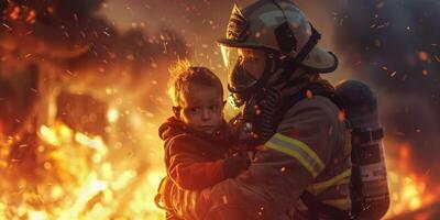 genefireman sparar en barn från en brand rationell ai foto