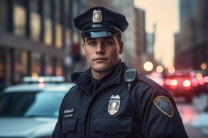 manlig polis officer på en stad gata foto