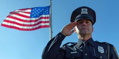 amerikan polis officer hälsningar de oss flagga foto