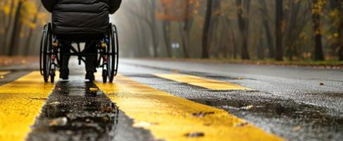 Inaktiverad person i en rullstol rider ner de gata foto
