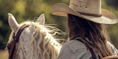cowgirl i en hatt på en häst foto