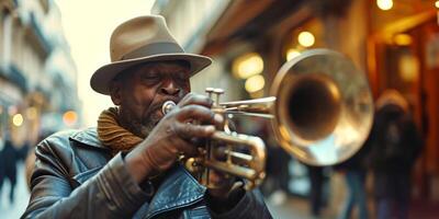 afrikansk amerikan trumpetare spelar på de gata foto