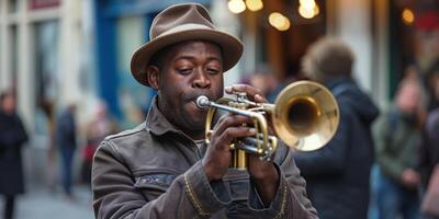 afrikansk amerikan trumpetare spelar på de gata foto