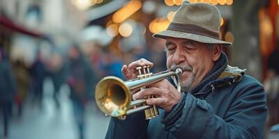 afrikansk amerikan trumpetare spelar på de gata foto