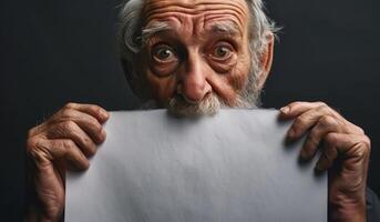 äldre kvinna innehav en vit baner i henne händer foto
