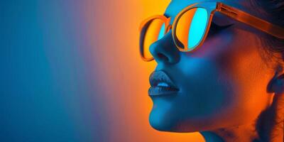 modell i solglasögon på blå och gul bakgrund mode foto