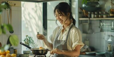 ung asiatisk kvinna matlagning i de kök foto