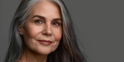 kvinna 60 år gammal med grå hår närbild porträtt foto