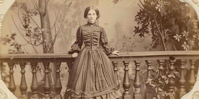 äldre kvinna i klänning 19:e århundrade stilisering årgång Foto