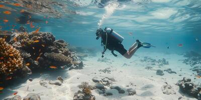 kvinna dykare simmar bland fisk och korall foto